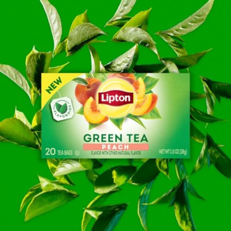Lipton Peach Green Tea Bags, Flavored, Unsweetened Teabags for Hot