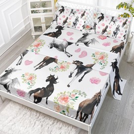 Smell Sunshine Kids' Horses Flowers Sheet Set - 4 Pcs (1 Flat, 1 Fitted, 2 Pillowcases) - Full Size