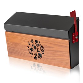 Ydocabinit Wall Mount Mailbox, Large Capacity Mailbox for House Outside with Flag Kit Galvanized Steel Rust-Proof Metal Post Drop Box, 15.74"×9.84"×4.33" Flower Hollowed Wooden Patterned Metal Sheet