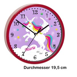 CreaDesign, WU-02-1034-05 Unicorn Purple Wall Clock for Children's Room, Customisable with Name, Red Frame, Diameter 19.5 cm
