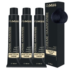 FemMas Hair Colour, Professional Cream Hair Colour with Argan Oil, Keratin & Ceramides, as Permanent Hair Colouring or Tint for Radiant, Durable Colour Results, 3x Blue Black 1.1, 100 ml