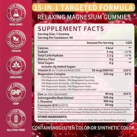 15-in-1 Magnesium Complex Gummies 350 mg/Serv with Ashwagandha Root,Vitamin D3,L-Theanine,Zinc Gluconate,CoQ10, Stress Relief Glycinate Gummy, Sugar F