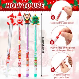 Yexiya Christmas Pencils Bulk, Christmas Multi Point Stackable Push Pencil 4 Styles Pre Sharpened Pencils with Xmas Tree Santa Snowman Reindeer Topper Christmas Party Favor Classroom Rewards (48 Pcs)