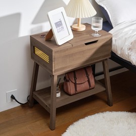 TATOZA End Table with Charging Station, Flip Top Side Table with Hidden Outlets, Mid Century Nightstand for Living Room Bedroom, Small Space（Brown）