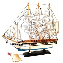 Smooth sailing boat model Mediterranean sailing boat wooden sailing boat furniture decoration room decoration (main white)