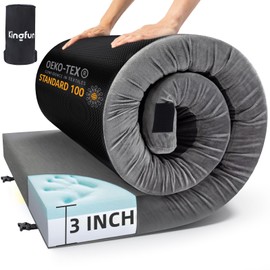 Kingfun 3 Inch CertiPUR-US Memory Foam Camping Mattress, Waterproof Roll up Sleeping Pad for Adults, Comfortable Thick Floor Sleeping Mats for Car Truck Tent with Removable Travel Bag, Twin XL
