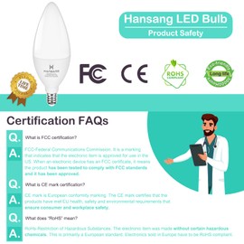 hansang E12 LED Light Bulbs 5000K Bright Daylight, 60W Type B Light Bulb, Small Candelabra Base B11 LED Bulb for Chandelier, Ceiling Fan Light Bulbs, 5W, 500LM, 120V, 4 Pack, Non-dimmable