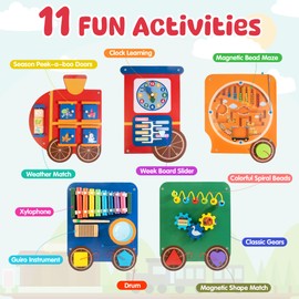 Train Activity Wall Busy Board Panels | 11-in-1 Wooden Sensory Wall Panel for Kids, Toddler Montessori Learning Activity Center, Perfect for Toddler Playroom Nursery Classroom Dentist Waiting Room