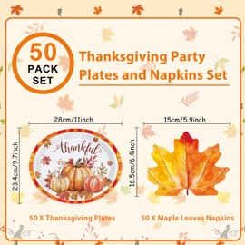 LINHAXM 50 PCS Thanksgiving Oval Paper Plates Large 9" X 11" Maple Leaf Napkins Fall Pumpkins Thanks Disposable Autumn Dinnerware for Harvest Thanksgiving Party Decorations