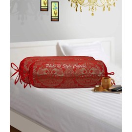 Stylo Culture Ethnic Polydupion Elephant Tube Body Bolster Pillow Covers Red Golden Elephant Round Brocade Large Couch Round Cylinder Cushion Covers (Set of 2) | 30x15 Inches (76x38 cm)