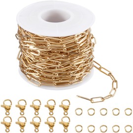 SUNNYCLUE 32.8 Feet Gold Paper Clip Chain Bulk Jewellery Paperclip Chain 18K Gold Plated Stainless Steel 12mm Oval Paper Clip Roll Spool Link Chains Kits for Jewellery Making Bracelet Necklace DIY