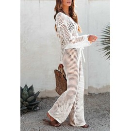 Pink Queen Crochet Swim Coverup for Women 2 Piece Puff Sleeve Crop Top Drawstring Beach Pants Bikini Cover Up White S