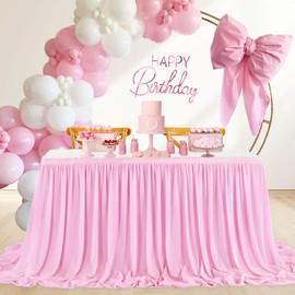 QueenDream Pink Table Skirt for Rectangle Tables - 9ft Chiffon Wedding Tablecloth 2 Layer Sheer Fabric for Baby Girl Birthday Princess Party Wedding Table Decor