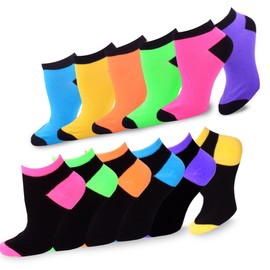 TeeHee Women's Acrylic Ankle No Show Low Cut Basic 12 Pair Black Colorful Neon Tip Toe Everyday Casual Sock (Neon-Heel & Toe)