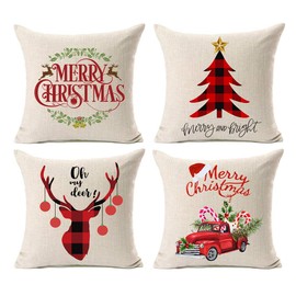 Kithomer Set of 4 Christmas Pillow Covers Buffalo Plaid Farmhouse Decorative Cotton Linen Throw Pillow Cases 18 x 18 Inch Christmas Home Decoration