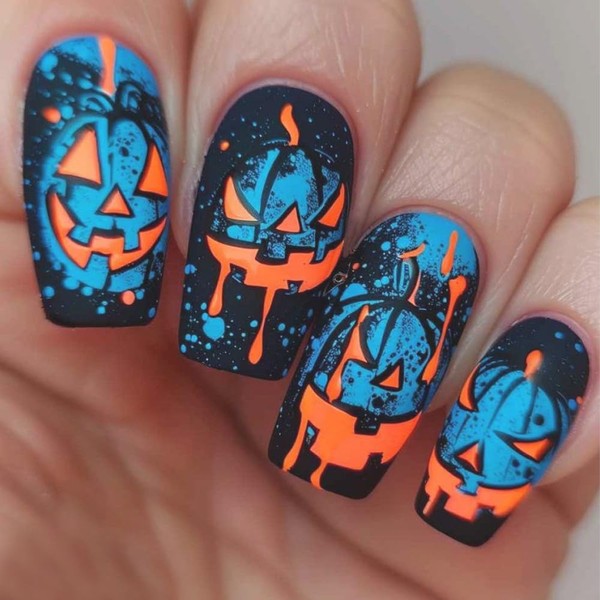 24Pcs Halloween Press On Nails - Blue Pumpkin Smiling Face