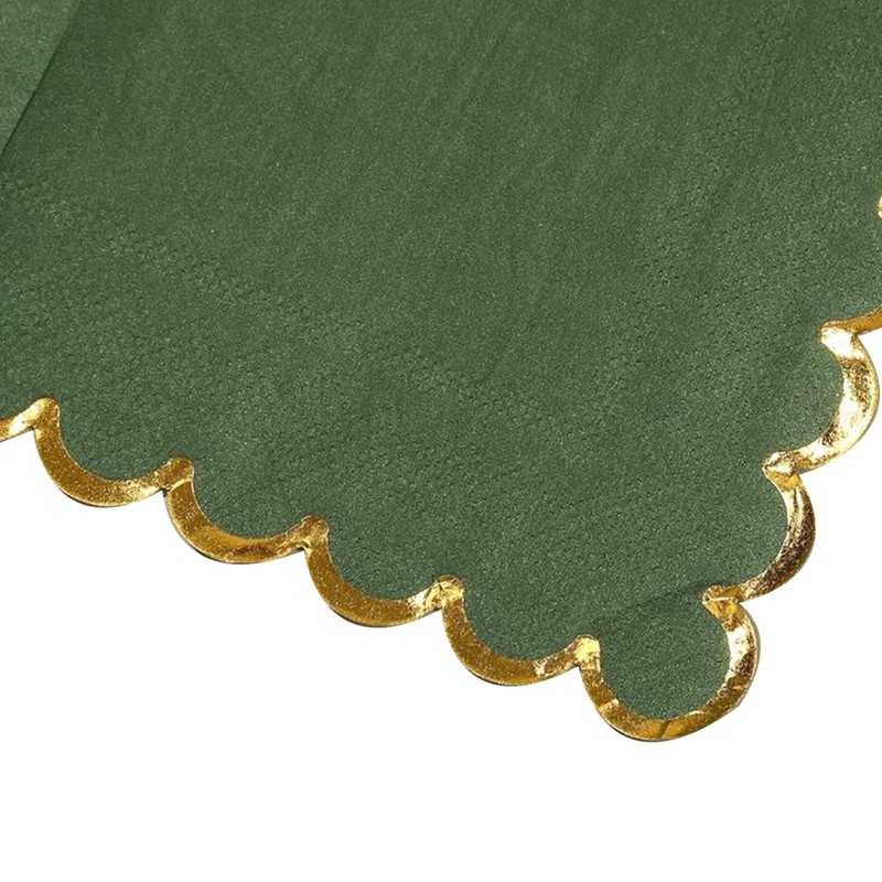 SUNTRADE Cocktail Napkins with Gold Foil, Green, Scalloped Edges, 100
