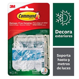 Command 3M, Ganchos Organizadores de Cables Removibles para Exteriores, Transparentes, 16 und por paquete, Organiza sin dañar tus paredes