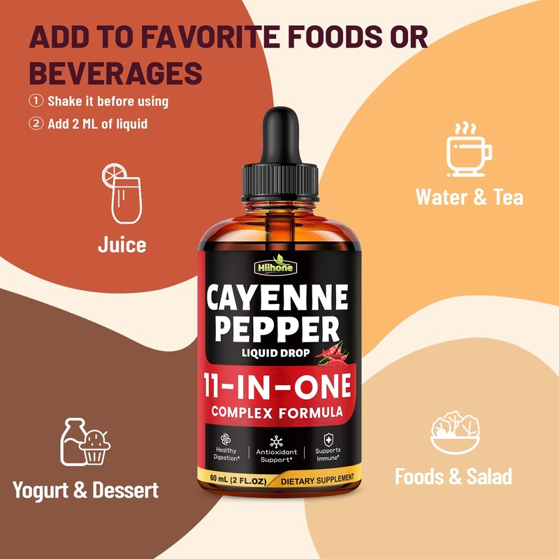 HIIHONE 11-in-1 Cayenne Pepper Drops - Herbal Supplement with Hawthorn,