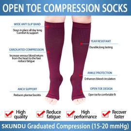 Open Toe Compression Socks 2 Pairs 15-20mmHg Support Circulation Medical Toeless Compression Socks Recovery Varicose Veins (as1, alpha, l, x_l, regular, regular, LightGray & Wine Red)