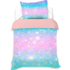 MUSOLEI Mermaid Bedding Set Girls Single Double Colorful 3D Mermaid Tail Blue Duvet Cover Sets Pink Lovely Quilt Cover Soft with Pillwocase (Pink Mermaid Scales, Single)