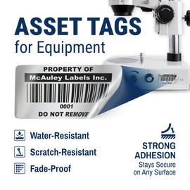 McAuley Labels Asset Tags for Equipment - Custom Inventory Stickers - Permanent Acrylic Adhesive, Metalized Silver Polyester - ID Label - 1.5x0.75 Inches