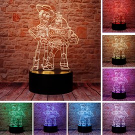 Cute Story Sheriff Woody and Buzz Lightyear Anime Character 3D Optical Illusion LED Bedroom Decor Sleep Table Lamp with Remote 7 Colors Acrylic Visual Night Light Birthday Christmas Gifts for Kids