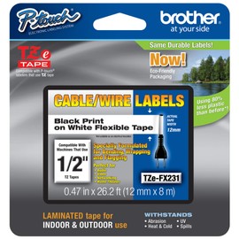 Brother Genuine P-Touch TZE-FX231 Tape, 1/2" (0.47") Wide Flexible-ID Laminated Tape, Black on White, Best Suited for Wire Wrapping and Frlagging, Water-Resistant, 0.47" x 26.2' (12mm x 8M), TZEFX231