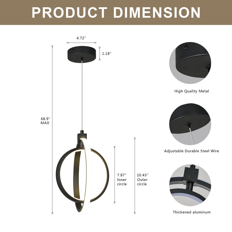 BNHHLZ Modern LED Chandelier Black Ring Pendant Light Fixtures 4000K