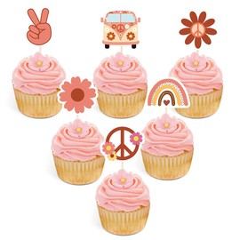 Mivofun 24 piezas de decoración hippie para cupcakes de fiesta, dos decoraciones de fiesta geniales, decoración de cupcakes de amor de la paz, para fiesta de cumpleaños de niña de las flores, suministros de fiesta de arcoíris bohemios de los años 60