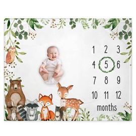 Woodland Baby Monthly Milestone Blanket, Woodland Animals Baby Growth Chart Monthly Blanket, Watch Me Grow Baby Woodland Forest Nursery for New Moms Baby Shower, Includes Marker (50"x40")