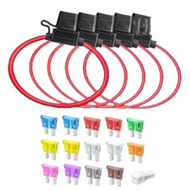 Pack of 5 12 (1) + 16 AWG (4) Fuse Holder with Wire for Car Truck, Inline Blade Fuse Waterproof Holder 12 V, with 14 Piece Standard Medium Blade Fuses (2A, 3A, 5A, 7.5A, 10A, 15A, 20A, 25A, 30A, 35A)
