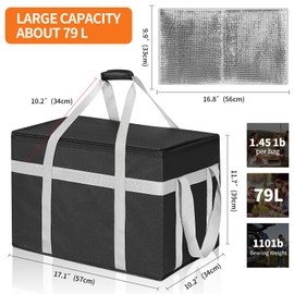 CIFMORE 2 Pack Insulated Food Delivery Bag with Removable Hard Bottom, XXXL Reusable Insulated Grocery Bag for Hot and Cold Food, Catering Cooler for Doordash,Warmers, Parties (Black)