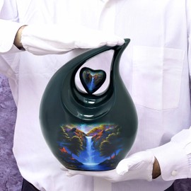 Large Green - Blue Teardrop Urn with Heart for Human Ashes Male - Urns for Adult Men and Women - Cremation Urns for Ash, Funeral/Burial Urns, Decorative and Keepsake ERN, Heart Urn, 2.5 LTR
