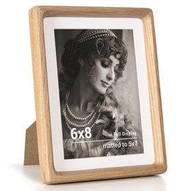 Fun Memories 6x8 Picture Frame, USA-Sourced Oak Wood Photo Frame with HD Tempered Glass, Handcrafted Rounded Corner 6 x 8 Wooden Frame Matted to 5x7 Photos, 6x8 frame, Tabletop or Wall Display