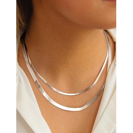 Herringbone Link Layered Necklace for Women, Stainless Steel Dainty Simple Flat Snake Chain Choker Layering Necklace for Women
