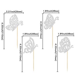 24 piezas de decoración para cupcakes de mariposa con purpurina montada en estilos mixtos de mariposas huecas para cupcakes, decoración de tartas para baby shower, suministros de fiesta de cumpleaños para niños, color plateado