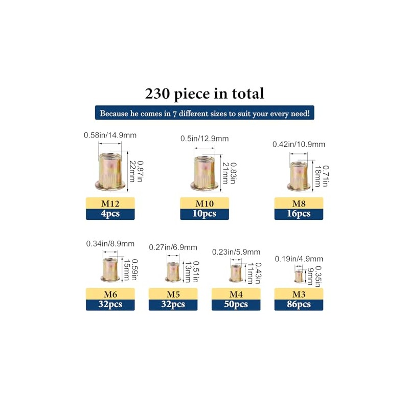 Kit de 230 tuercas de remache métricas, M3-M12, chapado en