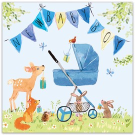 Twizler New Baby Boy Card with Blue Pram, Bunting and Woodland Animals - New Baby Card Boy - Newborn Essentials - Congratulations Card - Cute Card - New Baby Gifts - New Baby Boy Gifts