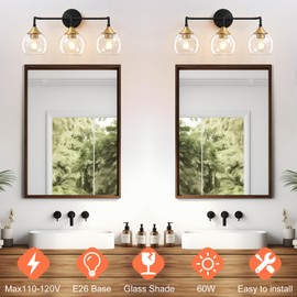 Gednbo Bathroom Light Fixtures 3 Light Bathroom Vanity Light with Clear Glass Shade, 22 inch Bathroom Light Fixtures Over Mirror, Black and Gold Vanity Lights for Bathroom (Exclude E26 Bulb)