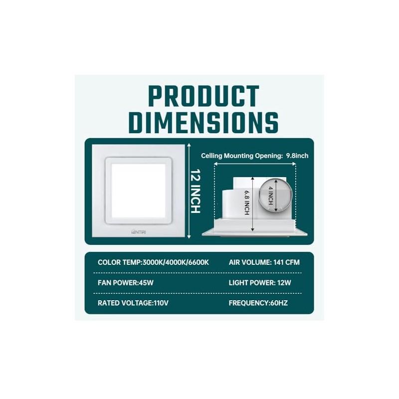 Bathroom Exhaust Fan with Light, 141 CFM Vent Fans, 3CCT