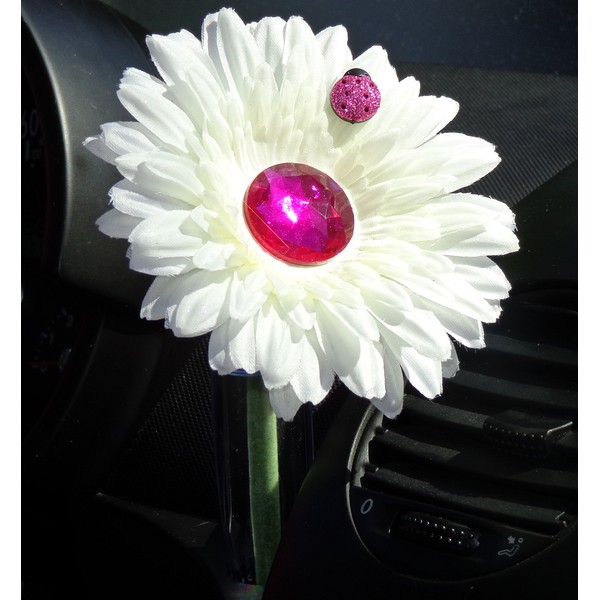 VW Beetle Flower - White and Pink Bling Daisy