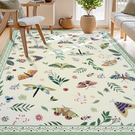 ASPMIZ Insect Area Rug 3X5, Beige Bedroom Rug Non Slip, Spring Summer Washable Rug Farmhouse Butterfly Living Room Rugs Low Pile, Soft Faux Wool Throw Carpet for Entryway, Office, Nursery, Beige