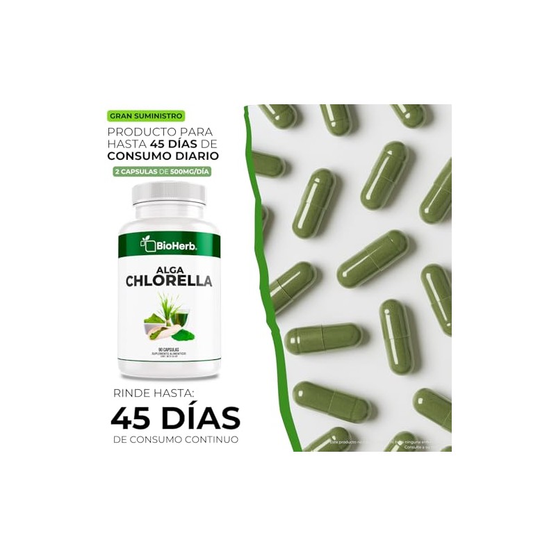 Bioherb Alga Chlorella Orgánica 100 Pura Cápsulas 500 Superfood Natural