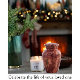 Marble Finish Metal Keepsake Mini Cremation Urn - Human or Pet Ashes Token Urn with Velvet Bag (Volcano Red)