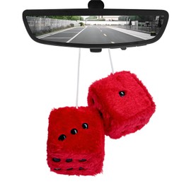 MUQIDA Fuzzy Plush Dice for Car Mirror, 3 Inch Pair of Retro Square Mirror Ornament Soft Dice with Dots, Vintage Couple Pendant Charms Vehicle Interior Hanging Decoration for Women (Red)