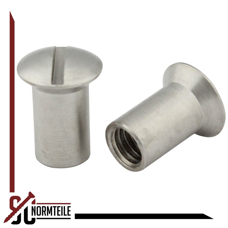 Sleeve nuts with raised countersunk head and slotted drive –
