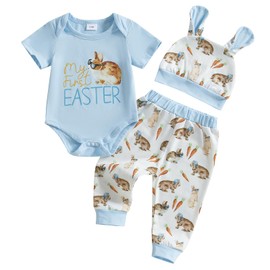 MAHUAOYIXI Toddler Baby Easter Outfits Newborn Baby Boys Clothes Bunny Print Long Sleeves Romper and Truck Carrot Print Pants and Hat Infant Boys 3Pcs Clothing Set (Sky Blue, 6-9 Months)
