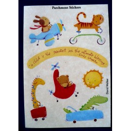 DAVID WALKER VINTAGE PARCHMENT CHILD'S TOYS 1 SHEET 7 STICKERS BIKE PLANE PEDDLE CAR DOG BEAR