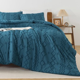 Andency Teal Tufted Comforter Set King(104x90Inch), 3 Pieces(1 Boho Comforter, 2 Pillowcases) Textured Farmhouse Bed Set, Soft Microfiber Down Alternative Geometric Bedding